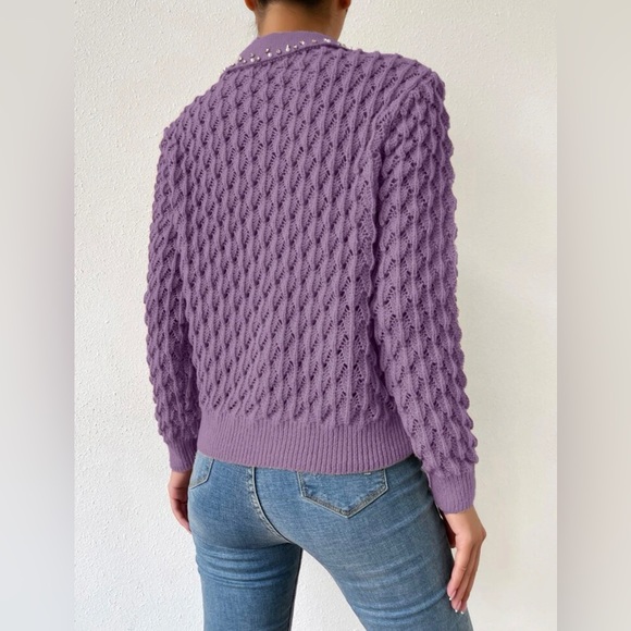 Purple Pointelle Knit Rhinestone Faux Pearl Sweater - Picture 2 of 6